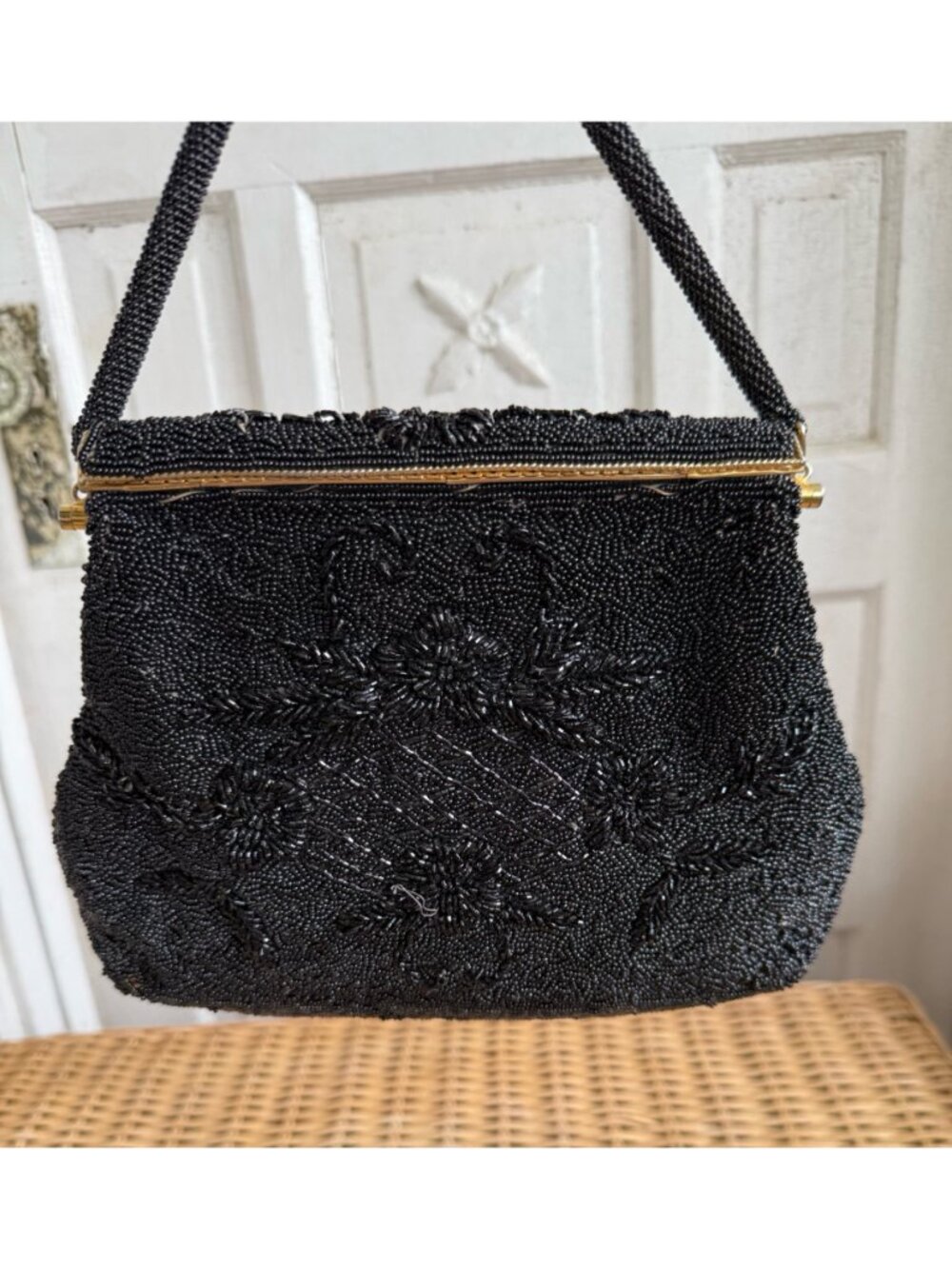 Vintage 1960s Black Glass Floral Seed Beaded Top Handle Formal Purse - Picture 12 of 16
